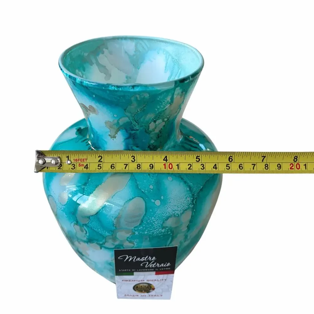 Italian Murano Turquoise Watercolor Art Glass Vase 10.5in Hand Blown NEW